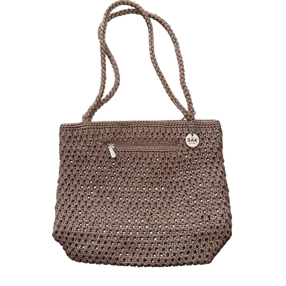 The Sak Crochet Shoulder Bag Medium Taupe Brown Braided Strap Zip Pocket Boho